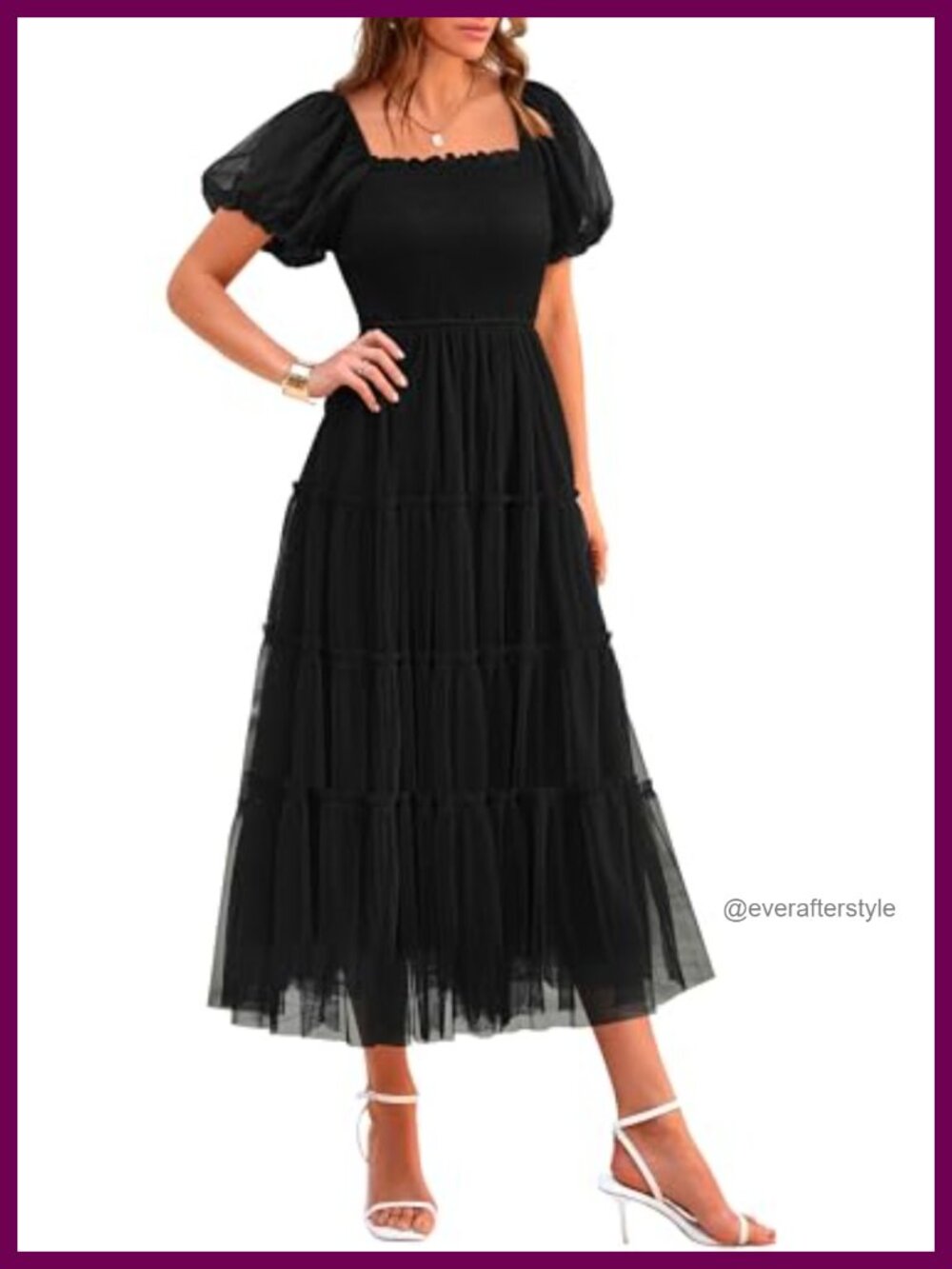 Smocked Midi Tulle Dress Square Neck Puff Sleeve Tiered Ruffle Fit Flare